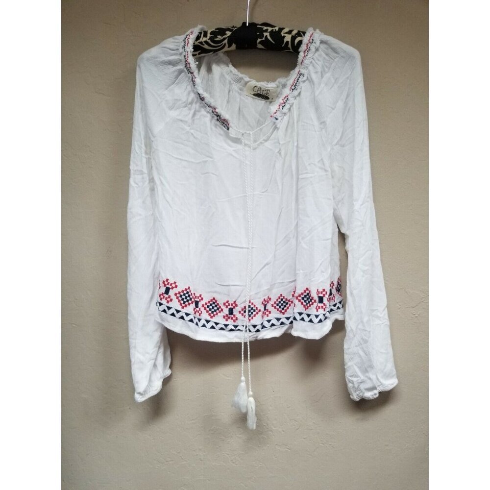 Cage Womens Embroidered Boho Peasant Top Small White Pullover Long Sleeve Tassel